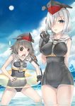  alternate_costume asdj black_eyes blood blue_sky breast_envy breasts cloud cloudy_sky commentary_request cosplay covered_nipples day food framed_breasts grey_hair hair_ornament hair_over_one_eye hairband hairpin hamakaze_(kantai_collection) headgear highres holding horizon i-13_(kantai_collection) i-13_(kantai_collection)_(cosplay) i-14_(kantai_collection) i-14_(kantai_collection)_(cosplay) innertube kantai_collection looking_at_viewer machinery multiple_girls nosebleed ocean partially_submerged popsicle school_swimsuit school_uniform serafuku short_hair silver_eyes silver_hair sky sun swimsuit swimsuit_under_clothes tanikaze_(kantai_collection) tongue tongue_out 