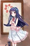  animal bangs blue_hair blush cat commentary_request dress flower hair_flower hair_ornament head_wreath idolmaster idolmaster_cinderella_girls long_hair looking_at_viewer nemeko painting_(object) red_eyes sajou_yukimi solo 