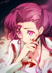  blood blood_on_face bloody_clothes breasts cleavage code_geass covering_mouth creayus earrings euphemia_li_britannia geass hand_over_own_mouth jewelry large_breasts long_hair pink_eyes purple_hair signature solo spoilers upper_body 