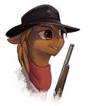  brown_eyes brown_fur brown_hair calamity_(fallout_equestria) equine fallout_equestria fan_character fur gun hair hat mammal my_little_pony ranged_weapon rublegun smile weapon 