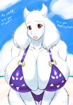  2017 beach big_breasts bikini boss_monster breasts caprine clothed clothing cloud delta_rune female fur goat horn huge_breasts looking_at_viewer mammal mature_female mother open_mouth parent red_eyes seaside skimpy sky solo speech_bubble speeds swimsuit toriel undertale video_games white_fur 