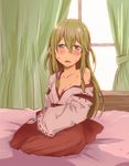  abura_fusuma asuka_(log_horizon) bed blonde_hair blue_eyes blush breasts cleavage curtains hair_ornament hairclip highres japanese_clothes log_horizon long_hair miko open_mouth sandals sitting small_breasts socks solo undressing window 