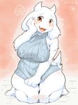  2017 anthro big_breasts blush bottomless breasts caprine clothed clothing colored_sketch embarrassed eyelashes female fur goat hand_on_cheek horn kame_3 kneeling looking_at_viewer mammal open_mouth partially_clothed simple_background solo toriel undertale video_games virgin_killer_sweater white_fur 
