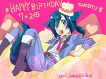  animal_ears artist_name blue_eyes blue_hair blush boots cake character_name dated eating food fruit happy_birthday heart kpinko log_horizon low_ponytail male_focus necktie pink_background shouryuu_(log_horizon) simple_background sitting solo star strawberry tail wolf_ears wolf_tail 