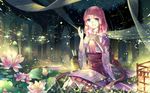  bad_id bad_pixiv_id blue_eyes ekita_xuan eyebrows_visible_through_hair flower forest highres kneeling long_hair nature night open_mouth original outdoors pink_flower pink_hair sky solo star_(sky) starry_sky tree 