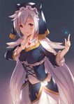  animal_hood blush breasts coif dress eris_(konosuba) finger_to_mouth frills gem granblue_fantasy_(style) hair_between_eyes hanarito hands_up hood index_finger_raised kono_subarashii_sekai_ni_shukufuku_wo! long_hair looking_at_viewer medium_breasts parted_lips purple_eyes shushing silver_hair upper_body very_long_hair 