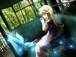  blonde_hair blue_eyes bug butterfly dress forest holding insect long_hair nature original outdoors ruins sitting solo suemizu_yuzuki tree 