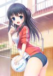  :d ass ball black_hair blue_buruma blue_eyes breasts buruma from_behind gym_uniform highres jacket long_hair looking_back medium_breasts moe2017 one_side_up open_mouth original shirt smile solo track_jacket umitonakai volleyball volleyball_net whistle 