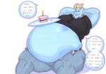  2017 armpits belly belt blue_devil blue_skin cake candle clothing dc_comics demon dialogue ear_piercing english_text eyebrows fangs food horn humanoid male mammal naughty_face open_mouth overweight overweight_male pants piercing prisonsuit-rabbitman raised_arm shirt simple_background sitting t-shirt text traditional_media_(artwork) weight_gain white_background 