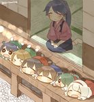  &gt;_&lt; :d ^_^ akagi_(kantai_collection) black_hair blue_hair brown_hair chibi closed_eyes commentary_request green_hair hair_ribbon hakama headband hiryuu_(kantai_collection) houshou_(kantai_collection) ina_(1813576) japanese_clothes kaga_(kantai_collection) kantai_collection light_brown_hair long_hair lying multiple_girls on_stomach open_mouth ponytail ribbon seiza short_hair short_sidetail short_twintails shouji shoukaku_(kantai_collection) silver_hair sitting sliding_doors smile socks souryuu_(kantai_collection) sunbathing tasuki tatami twintails twitter_username zuikaku_(kantai_collection) 