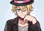  1boy ;) black_headwear black_jacket black_nails blonde_hair blue_background blue_eyes earrings fedora hair_between_eyes hair_ornament hairclip hat head_rest jacket jewelry kurusu_shou light_blush looking_at_viewer male_focus one_eye_closed open_clothes open_jacket shirt short_hair simple_background sketch smile solo star_(symbol) stud_earrings teito upper_body uta_no_prince-sama white_shirt 