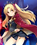  bangs black_leotard blonde_hair blush bow breasts brown_eyes cloak commentary_request cowboy_shot earrings ereshkigal_(fate/grand_order) eyebrows_visible_through_hair fate/grand_order fate_(series) gold_trim hair_bow jewelry leotard long_hair looking_at_viewer marimo_danshaku parted_bangs parted_lips red_bow skull small_breasts solo strap thighs two_side_up 