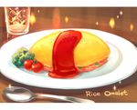  commentary english food glass ketchup letterboxed lettuce no_humans omelet omurice original peas plate sparkle spoon still_life tomato zoff_(daria) 