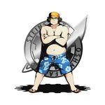  alpha_transparency brown_eyes brown_hair collarbone crossed_arms divine_gate full_body glasses hashida_itaru hat looking_at_viewer male_focus official_art shadow solo steins;gate swimwear transparent_background ucmm visor_cap yellow_hat 