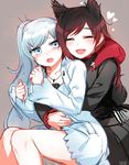  :o ^_^ animal_ears arms_around_waist black_hair blue_eyes blush cape closed_eyes dog_ears flat_chest highres hood hug hug_from_behind long_sleeves multicolored_hair multiple_girls ndgd red_hair ruby_rose rwby scar scar_across_eye weiss_schnee white_hair yuri 