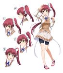  bad_id bad_pixiv_id bike_shorts character_sheet commentary_request expressions full_body green_eyes hair_ornament hair_ribbon highres long_hair looking_at_viewer multiple_views necktie open_mouth original pleated_skirt red_hair ribbon school_uniform shira-nyoro shoes side_ponytail simple_background skirt smile sneakers standing vest white_background 