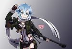  2017 artist_name blue_eyes blue_hair breasts cleavage closed_mouth commentary_request cowboy_shot dated fingerless_gloves gloves gradient gradient_background green_jacket gun hair_ornament hairclip highres holding jacket jjdan long_sleeves looking_at_viewer medium_breasts pgm_hecate_ii rifle scarf short_hair short_shorts shorts sinon smile sniper_rifle solo sword_art_online weapon 