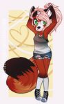  anthro armpits clothed clothing female fur hair honesty_(artist) mammal red_panda simple_background solo standing watermark 