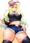  absurdres agetama bad_hands bare_shoulders baseball_cap belt black_legwear blonde_hair blush breasts cleavage commentary_request denim denim_shorts dragon_girl dragon_horns gradient_hair green_hair half-closed_eyes hand_on_own_thigh hat heterochromia highres horns kobayashi-san_chi_no_maidragon large_breasts lips lipstick long_hair looking_at_viewer makeup multicolored_hair nail_polish navel parted_lips pink_lips pink_nails quetzalcoatl_(maidragon) shirt_pull short_shorts shorts simple_background smile solo standing stomach symbol-shaped_pupils tank_top thick_thighs thighhighs thighs white_background yellow_eyes 