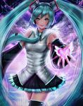  abstract_background aqua_eyes aqua_hair arm_tattoo black_legwear breasts collared_shirt cowboy_shot detached_sleeves giving hatsune_miku headphones headset heart highres lips long_hair looking_at_viewer magato98 miniskirt nail_polish necktie pleated_skirt project_diva_(series) purple_background shirt skirt small_breasts smile solo tattoo thighhighs twintails very_long_hair vocaloid watermark web_address 