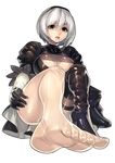  absurdres barefoot black_dress breasts brown_eyes cleavage dress feet fengmo highres medium_breasts mole mole_under_mouth nier_(series) nier_automata no_blindfold open_mouth pov_feet short_hair simple_background smile soles solo thighs toes white_background white_hair yorha_no._2_type_b 