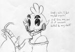  2015 animatronic anthro avian bedroom_eyes bib bird black_and_white bow_tie chica_(fnaf) chicken clothing dialogue english_text female five_nights_at_freddy&#039;s half-closed_eyes inkyfrog machine monochrome off_shoulder open_mouth open_smile robot seductive simple_background smile solo text traditional_media_(artwork) undressing video_games white_background 