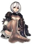  absurdres black_dress breasts brown_eyes brown_legwear cleavage dress feet fengmo highres medium_breasts mole mole_under_mouth nier_(series) nier_automata no_blindfold no_shoes open_mouth pov_feet short_hair simple_background smile soles solo thighhighs thighs toes white_background white_hair yorha_no._2_type_b 