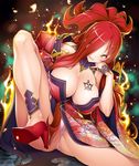  1girl ass astaroth_(taimanin_asagi) bare_legs bare_shoulders breasts cleavage dress female full_body huge_ass kimono large_breasts long_hair looking_at_viewer naughty_face no_bra pantyshot ponytail potion_(moudamepo) red_hair shiny shiny_skin sideboob sitting smile taimanin_(series) taimanin_asagi taimanin_asagi_battle_arena tattoo thong very_long_hair yellow_eyes 