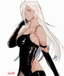  bare_shoulders blue_eyes elbow_gloves gloves hair_over_one_eye nier_(series) nier_automata robot_joints solo takssmask thighhighs unfinished white_hair yorha_type_a_no._2 