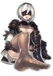  absurdres black_dress blindfold breasts brown_legwear cleavage dress feet fengmo highres medium_breasts mole mole_under_mouth nier_(series) nier_automata no_shoes open_mouth pov_feet short_hair simple_background smile soles solo thighhighs thighs toes white_background white_hair yorha_no._2_type_b 