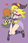  1girl bare_legs blonde_hair boots breasts creature dark_magician_girl demon duel_monster female hat kuriboh large_breasts long_hair magical_girl no_bra skirt smile solo yu-gi-oh! 
