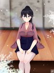  absurdres black_hair blue_eyes breasts cleavage floral_print hakama_skirt high_ponytail highres houshou_(kantai_collection) kantai_collection large_breasts long_hair pantyhose pleated_skirt signature sitting skirt smile solo tras030303 