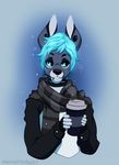  anthro beverage clothed clothing coffee facial_piercing kangaroo lip_piercing male mammal marsupial piercing puccaruu scarf simple_background smile solo 