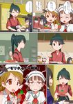  akatsuki_(kantai_collection) bare_shoulders black_hair brown_eyes brown_hair comic commentary_request constricted_pupils flat_cap food fork glasses haguro_(kantai_collection) hat high_ponytail houshou_(kantai_collection) japanese_clothes kantai_collection kusaka_souji light_brown_hair littorio_(kantai_collection) multiple_girls necktie open_mouth plate red_eyes roma_(kantai_collection) school_uniform serafuku sleeveless smile sweat tasuki translated 