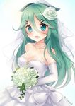  alternate_costume aqua_eyes black_ribbon bouquet breasts bride cleavage dress elbow_gloves flower gloves green_hair hair_between_eyes hair_flower hair_ornament hair_ribbon holding holding_bouquet jewelry kantai_collection long_hair medium_breasts necklace nikoo open_mouth ribbon smile solo twitter_username wedding_dress white_gloves yamakaze_(kantai_collection) 