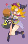  1girl bare_legs blonde_hair boots breasts creature dark_magician_girl demon duel_monster female hat kuriboh large_breasts long_hair magical_girl no_bra shiny_skin skirt smile solo yu-gi-oh! 