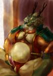  anthro beard belly colored dragon eastern_dragon erection facial_hair horn kemono looking_at_viewer male masturbation melee_weapon muscular mustache navel nipples penile_masturbation penis scalie solo sword weapon yabuinu 