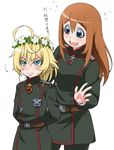  3: ahoge annoyed arms_behind_back belt blonde_hair blue_eyes blush epaulettes flying_sweatdrops hair_between_eyes head_wreath iron_cross long_hair long_sleeves military military_uniform multiple_girls open_mouth short_hair smile sweatdrop tanya_degurechaff translated uniform upper_body v-shaped_eyebrows viktoriya_ivanovna_serebryakov white_background youjo_senki youkan 