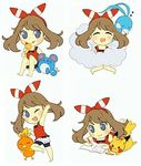  altaria barefoot bike_shorts blue_eyes brown_hair chibi eating eyes_closed happy haruka_(pokemon) haruka_(pokemon)_(remake) marill open_mouth pikachu pokemon pokemon_(creature) pokemon_(game) pokemon_oras ribbon sleeping tongue_out torchic wink 