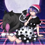  1girl ankle_boots arm_support black_capelet blue_eyes blue_hair book boots capelet checkered checkered_floor doremy_sweet dream_soul dress eating finger_to_mouth full_moon fur_trim hat highres looking_at_viewer moon night night_sky nightcap parted_lips pom_pom_(clothes) short_hair sitting sky solo star_(sky) starry_sky tail tapir tapir_tail touhou white_footwear yokozuwari 