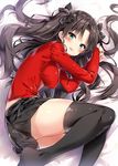  black_hair black_legwear black_skirt blue_eyes blush breasts fate/stay_night fate_(series) impossible_clothes impossible_shirt long_hair looking_at_viewer medium_breasts no_shoes open_mouth ribbon riichu shirt skirt smile solo sweater thighhighs toosaka_rin two_side_up zettai_ryouiki 