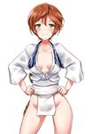  blush breasts brown_hair fundoshi green_eyes hands_on_hips highres idolmaster idolmaster_cinderella_girls japanese_clothes looking_at_viewer medium_breasts rope short_hair smile solo tango_(tn500) white_background yoshioka_saki 