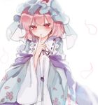  bangs blue_kimono blush bow eyebrows_visible_through_hair finger_to_mouth frills hat japanese_clothes kimono long_sleeves looking_at_viewer mob_cap neck_ribbon pink_hair red_eyes ribbon saigyouji_yuyuko simple_background sleeves_past_wrists solo sorani_(kaeru0768) touhou triangular_headpiece veil white_background wide_sleeves 