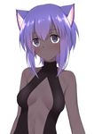  :/ absurdres animal_ears black_eyes breasts cat_ears cleavage collarbone dark_skin fate/prototype fate/prototype:_fragments_of_blue_and_silver fate_(series) go-1 hassan_of_serenity_(fate) highres kemonomimi_mode looking_at_viewer navel purple_hair short_hair simple_background small_breasts solo white_background 