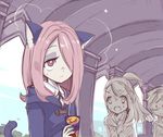  animal_ears cat_ears cat_tail commentary_request glasses hair_over_one_eye juice_box kagari_atsuko little_witch_academia long_hair lotte_jansson maodouzi multiple_girls open_mouth pale_skin pink_hair red_eyes short_hair sucy_manbavaran tail wand witch 