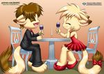  2017 ^_^ alcohol angel_(little_tails) annie_(little_tails) bbmbbf beverage candle cat clothing date dress eyes_closed fangs feline female flat_chested footwear glass happy little_tails male mammal palcomix patreon ribbons shoes sibling smile tuxedo wine 