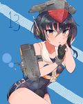  asymmetrical_hair black_hair blue_background brown_eyes framed_breasts gloves hair_between_eyes headphones i-13_(kantai_collection) itomugi-kun kantai_collection leaning_forward looking_at_viewer machinery partly_fingerless_gloves sailor_collar school_swimsuit short_hair single_glove swimsuit 