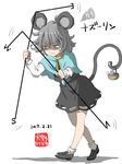  ahoge animal_ears basket bobby_socks capelet character_name cutout dated dowsing_rod dress full_body grey_dress grey_footwear grey_hair inuno_rakugaki jewelry loafers long_sleeves mouse mouse_ears mouse_tail nazrin nose_bubble pendant red_eyes shaded_face shoes short_hair sleeping socks solo squiggle sweat tail touhou translated wavy_mouth white_background white_legwear 
