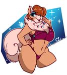  2017 anthro anthrofied arnachy bikini blue_eyes brown_hair canine clothing dog eyeshadow female hair hair_over_eye hand_on_hip littlest_pet_shop madame_pom makeup mammal navel open_mouth solo swimsuit 