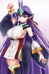  1girl bare_shoulders black_panties blazblue blazblue:_central_fiction bow breasts cosplay detached_sleeves fate/stay_night fate_(series) fufi hades_izanami hades_izanami_(cosplay) hair_bow hair_ribbon headgear horn large_breasts long_hair looking_at_viewer matou_sakura mikado_(blazblue) mikado_(blazblue)_(cosplay) panties purple_eyes purple_hair red_skirt shiny shiny_hair skirt smile solo thighhighs very_long_hair 